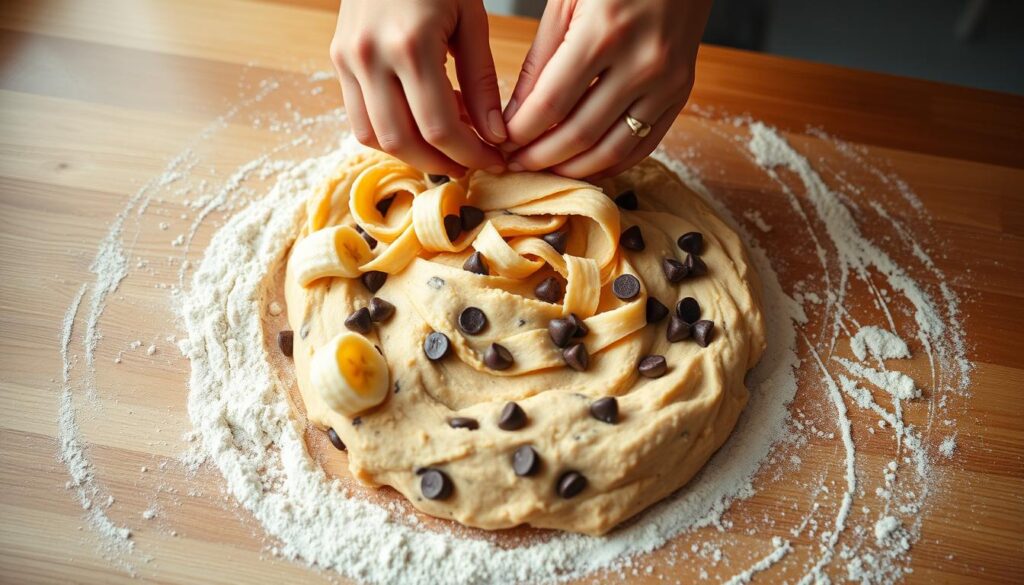 Mixing chocolate chip banana cookie dough
